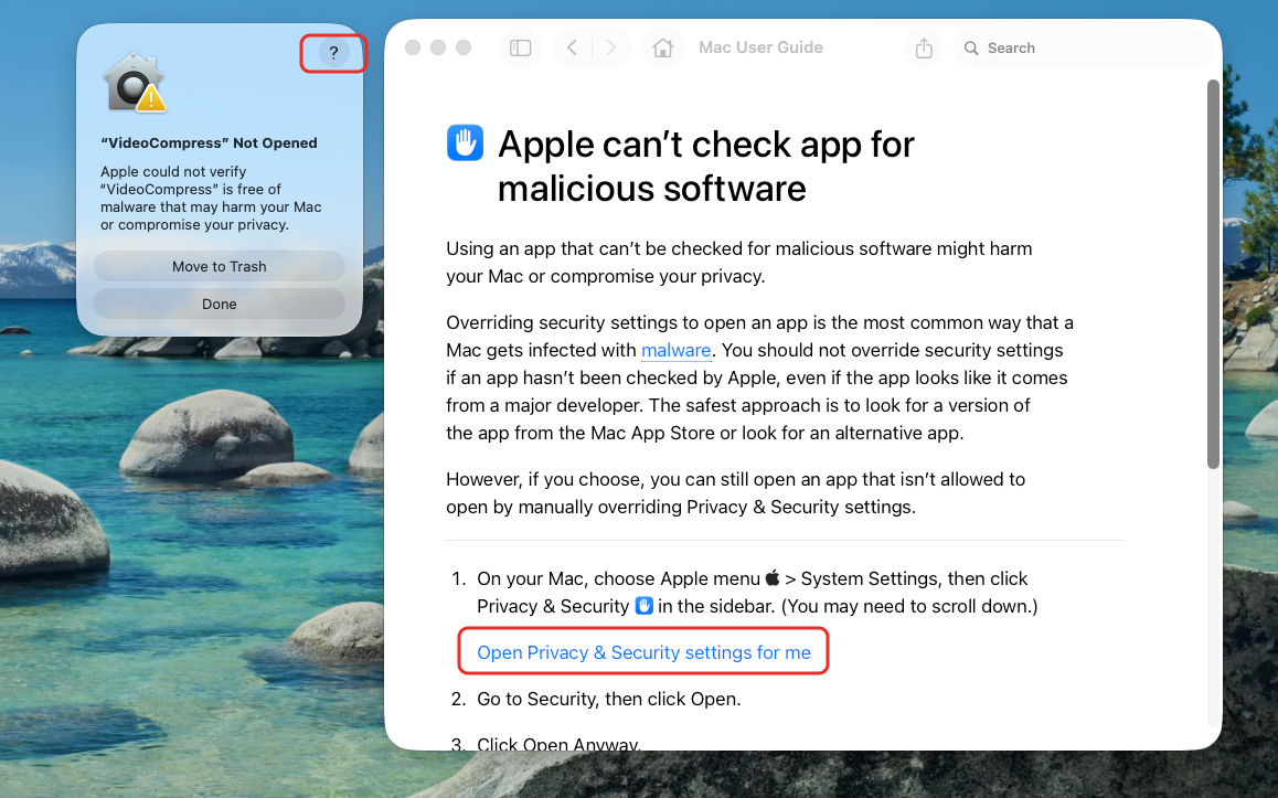 macOS warning dialog and Privacy and Security help link for VideoCompress