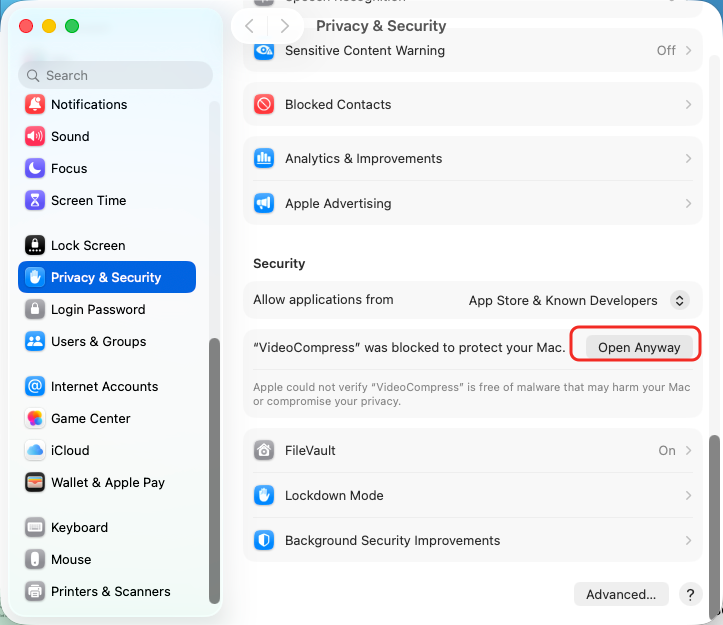 Open Anyway button for VideoCompress in macOS Privacy and Security settings